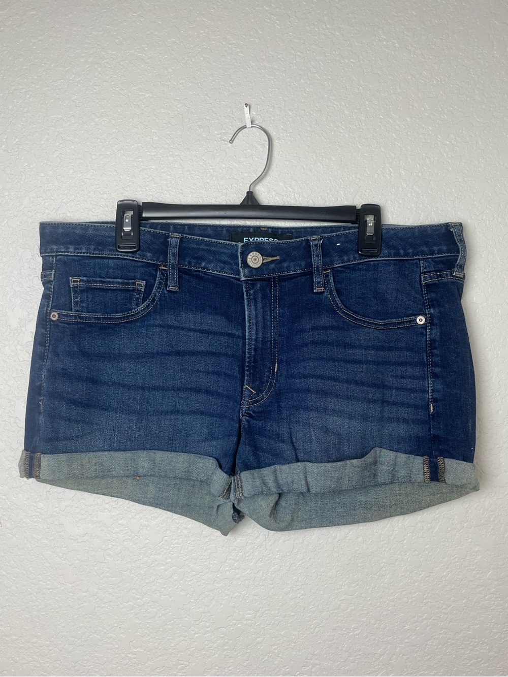 Express Dark Blue Denim Cuffed Shorts - Relaxed Low Rise Size 12